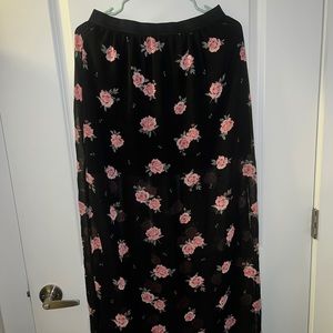 Black maxi skirt with pink roses pattern